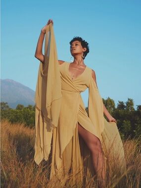 Aya Sacred Wear Ochre Wrap Maxi Makosh Goddess Dress Fairy Wing Flowing Sleeves